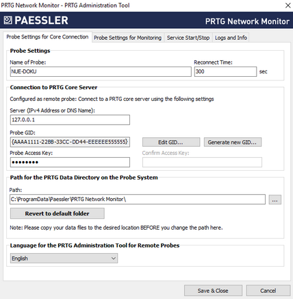 Probe Settings for Core Connection Tab